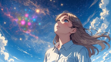 Young beautiful girl looking to the sky full os stars and bright colorful energy, fantasy anime scene