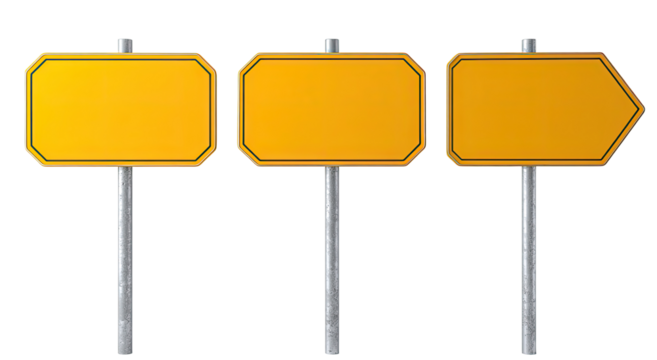 Three blank, octagonal, yellow directional signs on metal posts - Powered by Adobe