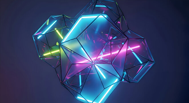 Abstract Neon Wireframe Structure with Geometric Shapes