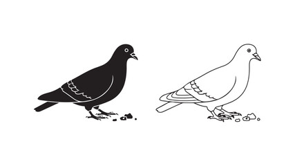 Pigeons eating seeds, black and white outline