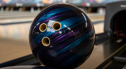 Fototapeta premium Bowling Ball in Motion: A close-up image showcases a bowling ball with a mesmerizing swirl pattern, highlighting its texture and design within a modern bowling alley setting. 