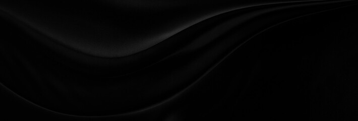 Black gray satin dark fabric texture luxurious shiny that is abstract silk cloth panorama background with patterns soft waves blur beautiful.