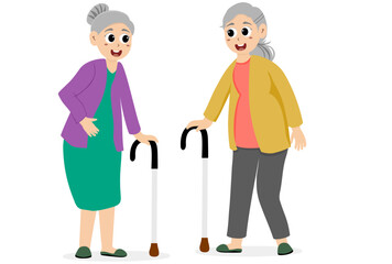An elderly couple walking together with walking sticks in their hands. An elderly couple walking while holding hands with walking sticks, flat style vector illustration.