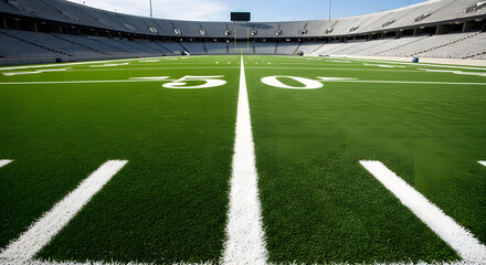 Football Field: The image presents a vibrant, eye-level perspective of an immaculate football field, emphasizing the precision of the yard lines and the expansive reach of the stadium. 