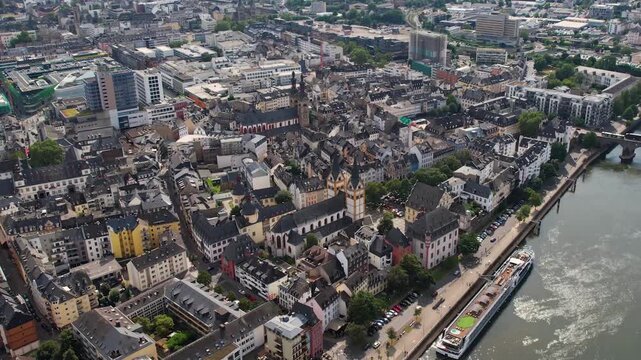 Aerial panorama view of the old town in the city Bonn in Germany on a late sunny day in summer. 