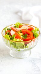 Fresh salad in a glass bowl on a light surface