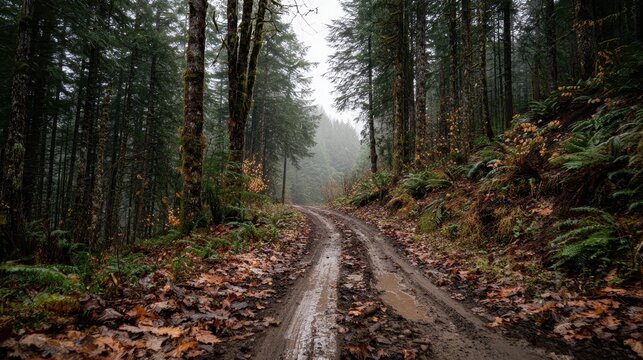 Muddy Forest Road A Tranquil Path Through Evergreen Trees