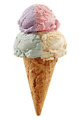 Two scoops of colorful ice cream on a waffle cone