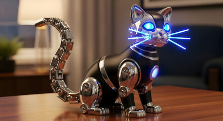 Futuristic robotic cat with glowing blue eyes and segmented tail sits on a wooden table