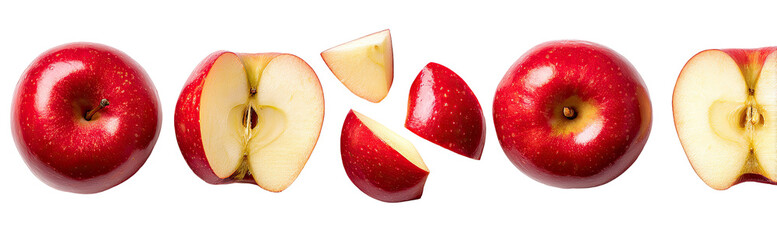 Red apples, whole and sliced, arranged in a horizontal row