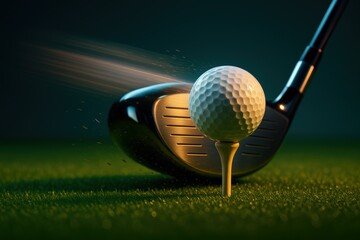 Golf iron striking ball with explosive sparks. Use for action sports marketing, adrenaline branding, event promotion, and athletic gear ads.