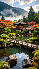 Fototapeta premium A tranquil Japanese garden, with a serene wooden bridge reflecting the surrounding autumn foliage and mountains.