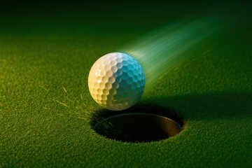 Golf ball flying into cup with sparks of motion. Use for victory celebration, sports branding, motivational posters, and lifestyle design.
