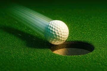 Golf ball racing toward the hole with motion blur. Use for sports marketing, tournament promotions, betting sites, and editorial design.
