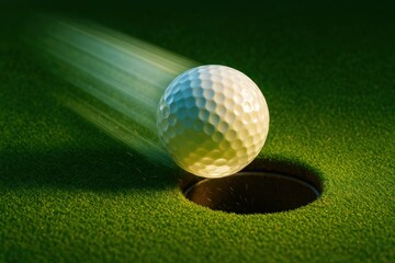Golf ball approaching cup with dramatic speed. Use for motivational posters, lifestyle campaigns, sports branding, and health promotion.
