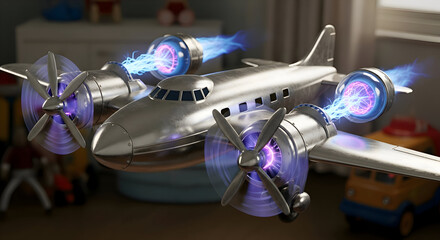Futuristic sci-fi airplane model with glowing engines, perfect for innovation and technology concepts