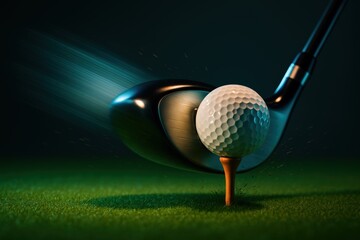 Golf ball on tee with powerful driver. Use for brand identity, sports product design, editorial covers, and tournament marketing.
