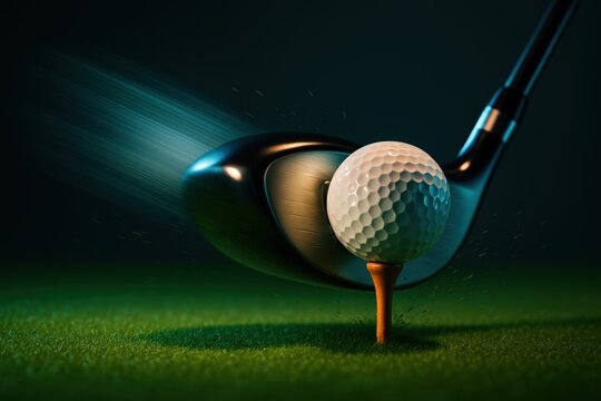 Golf ball on tee with powerful driver. Use for brand identity, sports product design, editorial covers, and tournament marketing.
- Powered by Adobe