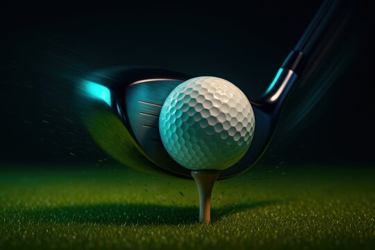 Close-up of golf club hitting ball with motion. Use for fitness campaigns, sports retail, golf lessons, and digital advertising.
