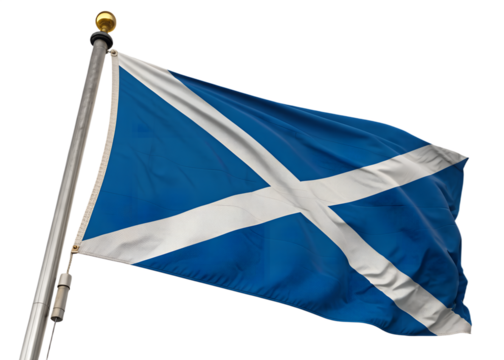 Photo of a Scottish flag (Saint Andrews flag) on a pole waving in the wind isolated on transparent background, png file - Powered by Adobe