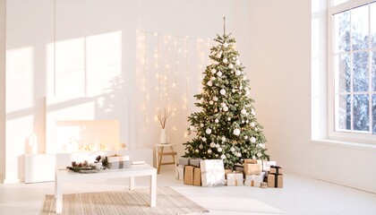 Sunlit Christmas tree in a bright white room