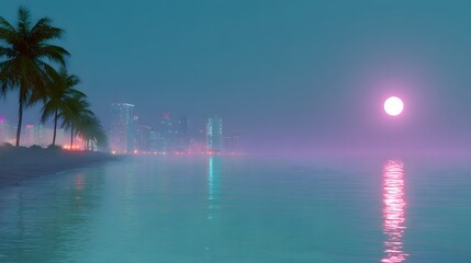 Retro neon 1980s Miami at night, cinematic composition, calm ocean under a glowing full moon