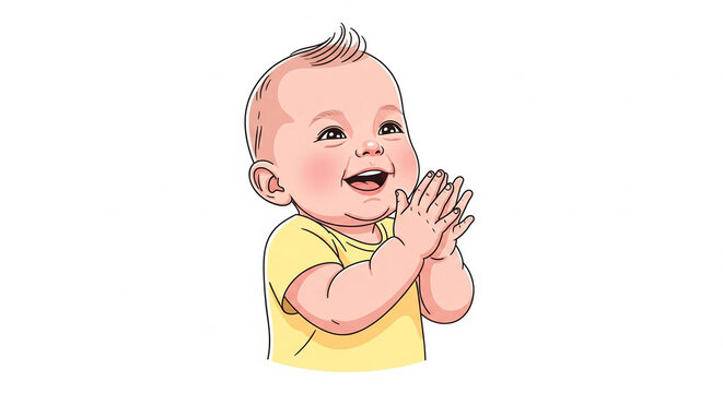 Happy and joyful baby clapping hands with a sweet smile, wearing a yellow shirt, cartoon illustration on an isolated transparent background