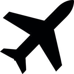 Black silhouette of a modern passenger airplane in flight against a white background