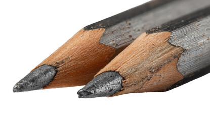 Close-up of two used pencils, showing lead and wood