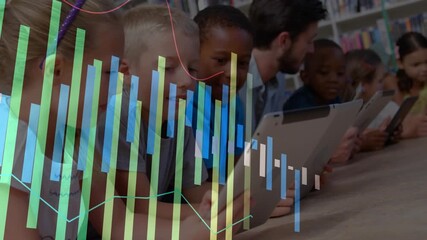 Students and teacher tapping tablets and starting bar chart flowing across library table - Powered by Adobe