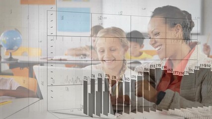 Teacher tapping laptop trackpad in education showing growth while animated charts rising over grid - Powered by Adobe