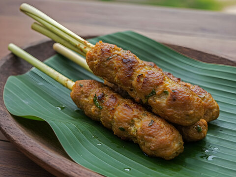Authentic Balinese sate lilit skewers on lemongrass sticks served on banana leaf plate