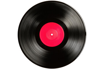 Fototapeta premium Close-up of a black vinyl record with a bright red label. The record's grooves are visible, creating a sense of motion. Dark background isolates the disc