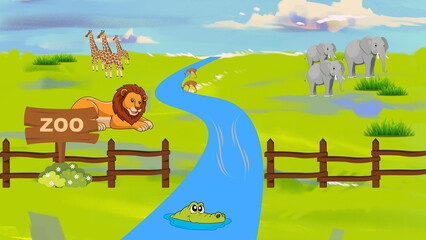 summer landscape with birds and animals