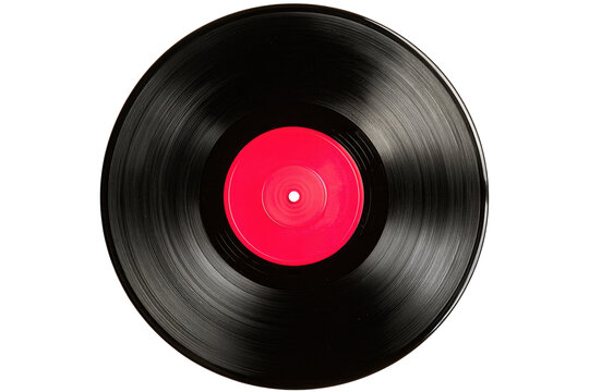 Close-up of a black vinyl record with a bright red label.  The record's grooves are visible, creating a sense of motion.  Dark background isolates the disc