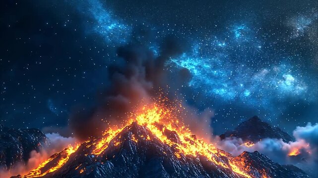 Erupting volcano under night sky