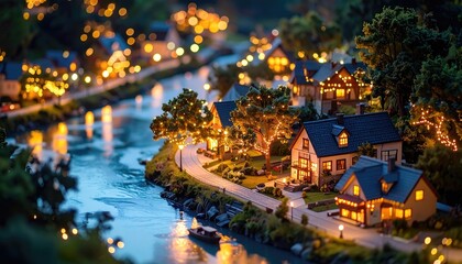 Obraz premium Miniature village scene quaint houses line a riverbank, illuminated by twinkling lights at dusk, creating a serene and enchanting atmosphere