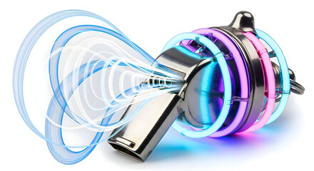 Dynamic sound waves emanate from a modern whistle with vibrant neon light accents
