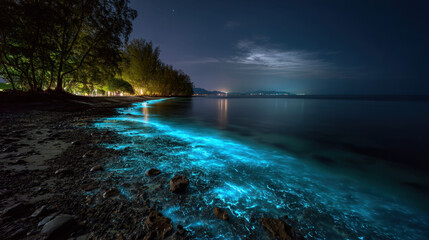 Bioluminescent waves glowing bright blue under a dark starry sky on beach shore