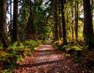 Obraz premium Forest path in autumn sunlight