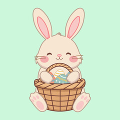 Cute cartoon bunny holding a basket of colorful Easter eggs. Pastel colors, adorable illustration perfect for spring holidays and children’s designs