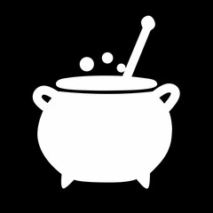 White silhouette cauldron with bubbles and spoon, simple icon for cooking, witch, or potion theme.