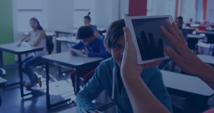 Female teacher raising tablet toward student animating transparent JS CSS overlays teaching coding