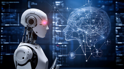 Robot with AI Brain Interface: Futuristic Technology Concept