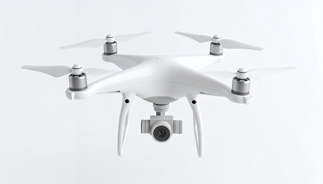 Close-up view of a white drone with a camera.