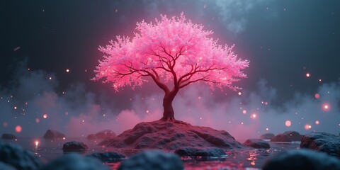 Fantasy magic and hope concept with glowing pink tree blossoming on tranquil island in misty surreal landscape
