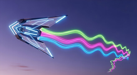 Futuristic spacecraft emits vibrant neon trails through starry twilight sky creating energetic motion