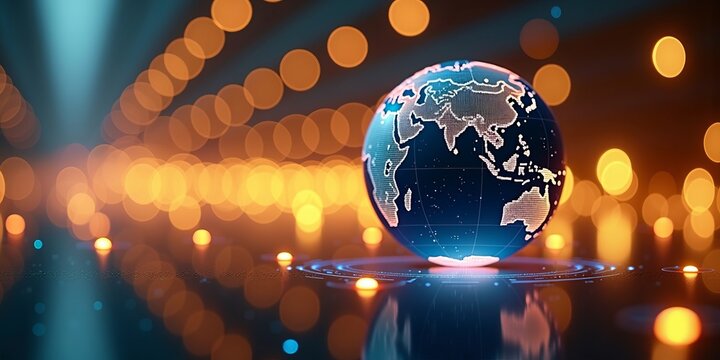 Global connectivity and digital transformation concept with illuminated world map globe, futuristic technology, bokeh lights - Powered by Adobe