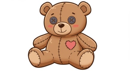 Fototapeta premium A cartoon teddy bear, lovingly crafted with stitched details, sits against a plain background.