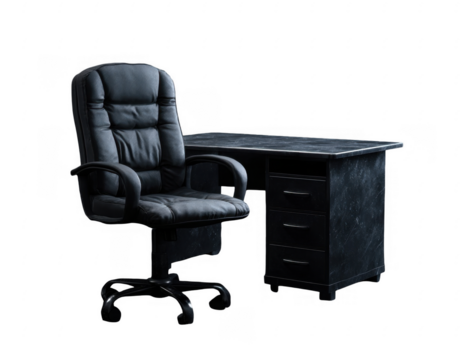 Black leather chair and dark wooden desk with drawers isolated on black background